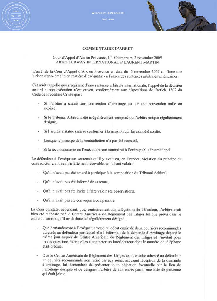 Arrêt et commentaire de la Cour d'appel d'Aix en Provence en matière d'exequatur du 3 novembre 2009 (1)